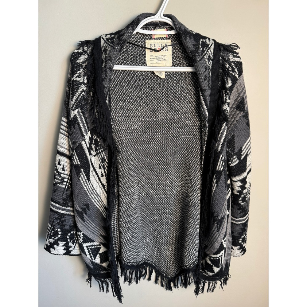 Billabong Fringe Open Front Aztec Cardigan Sweater Black Gray Boho Western S